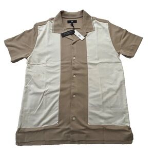 Men Banana Republic retro resort shirt Light Sand White Stripes Size Medium